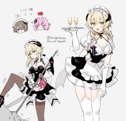  3girls absurdres apron black_dress breasts cleavage commentary_request company_connection cosplay costume_switch dress elysia_(honkai_impact) elysia_(miss_pink_elf)_(honkai_impact) elysia_(miss_pink_elf)_(honkai_impact)_(cosplay) feather_hair_ornament feathers flower frilled_apron frills genshin_impact hair_flower hair_ornament highres honkai_(series) honkai_impact_3rd japanese_flag kuromu_shado lumine_(genshin_impact) maid maid_apron maid_headdress mihoyo multiple_girls multiple_views pantyhose people&#039;s_republic_of_china_flag pink_hair pointy_ears puffy_short_sleeves puffy_sleeves rita_rossweisse rita_rossweisse_(umbral_rose) rita_rossweisse_(umbral_rose)_(cosplay) short_hair_with_long_locks short_sleeves smile unconventional_maid voice_actor_connection waist_apron white_apron white_flower yanning yuuki_aoi 