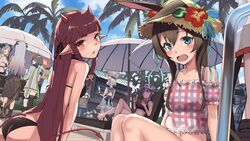  1other 6+girls :d :q amiya_(arknights) animal animal_ears arknights ass back baseball_cap bikini bird black_bikini blonde_hair blue_eyes blunt_bangs blush boots breasts brown_hair ch&#039;en_(arknights) commentary cup doctor_(arknights) drinking drinking_glass feather_hair female_tourist_c_(arknights) flower food gummy_(arknights) gummy_(summer_flowers)_(arknights) hair_between_eyes hat horns ice_cream ifrit_(arknights) ifrit_(sunburn)_(arknights) long_hair multiple_girls navel official_alternate_costume open_mouth outdoors palm_tree parasol pointy_ears rabbit_ears rose ryuinu sailor_collar sandals saria_(arknights) see-through silence_(arknights) single_thighhigh sitting skirt smile straw_hat sweatdrop swimsuit tail thighhighs tongue tongue_out tree umbrella unfinished vigna_(arknights) vigna_(casual_vacation)_(arknights) 