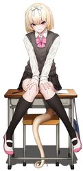  absurdres bag black_skirt black_socks black_vest blonde_hair bow bowtie chair deku_suke desk female full_body hair_between_eyes hairbow hands_on_own_knees highres kemono_friends kneehighs knees_together_feet_apart long_sleeves looking_at_viewer on_desk pencil pink_bow pink_bowtie pink_eyes school_bag school_chair school_desk school_uniform shirt shoes short_hair silky_anteater_(kemono_friends) simple_background sitting skirt smile socks solo tail uwabaki vest white_background white_bow white_shirt 