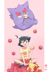  1boy :d apple blush border brown_eyes brown_shorts character_print charmander closed_eyes commentary_request eating episode_number floating food food_on_face fruit gen_1_pokemon gengar grin heart highres holding holding_food holding_fruit indian_style looking_at_another looking_up male_focus mei_(maysroom) no_hat no_headwear number open_mouth pikachu poke_ball poke_ball_(generic) pokemon pokemon_(anime) pokemon_(creature) pokemon_swsh_(anime) print_shirt satoshi_(pokemon) shirt shorts signature sitting smile upper_teeth white_border yellow_shirt 