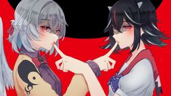  2girls angel_wings arrow_print black_hair bow bowtie braid commentary_request cone_horns dress eyelashes finger_to_another&#039;s_mouth french_braid grey_hair grey_horns hair_ribbon horns identity_(vocaloid) jacket kijin_seija kishin_sagume lips long_sleeves looking_at_viewer multicolored_hair multiple_girls open_clothes open_jacket puffy_short_sleeves puffy_sleeves purple_dress red_background red_bow red_bowtie red_eyes red_hair red_nails red_ribbon ribbon sailor_collar sakikagami short_hair short_sleeves sidelocks simple_background small_horns streaked_hair touhou wings 