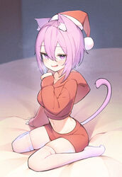  absurdres akuto_(akuto_desu) animal_ear_fluff animal_ears arm_support blush breasts breath cat_ears cat_girl cat_tail commentary_request cropped_hoodie crossed_bangs female hair_between_eyes hat highres hololive hood hood_down hoodie indoors looking_at_viewer medium_breasts midriff navel nekomata_okayu no_shoes on_bed purple_eyes purple_hair red_hoodie red_shorts santa_costume santa_hat short_hair shorts sitting skindentation solo steam steam_from_mouth tail thighhighs thighs virtual_youtuber wariza white_thighhighs 