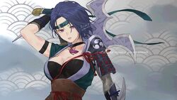  91007 alternate_costume armor asymmetrical_hair axe blue_hair blush bodice breasts choker cleavage female fire_emblem fire_emblem:_three_houses fire_emblem_heroes fishnets forehead_protector gloves highres japanese_clothes large_breasts looking_at_viewer ninja obi official_alternate_costume open_mouth over_shoulder purple_eyes sash scarf shamir_nevrand shamir_nevrand_(ninja) short_hair short_sword simple_background smile solo sword weapon weapon_over_shoulder 