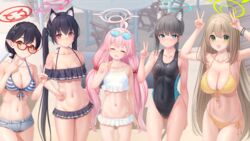  5girls ahoge animal_ears ayane_(blue_archive) ayane_(swimsuit)_(blue_archive) bikini black_bikini black_hair black_one-piece_swimsuit blue_archive blue_eyes blue_halo breasts cat_ears cleavage closed_eyes closed_mouth collarbone commentary cross_hair_ornament cyelho double_v eyewear_on_head foreclosure_task_force_(blue_archive) frilled_bikini frills front-tie_top glasses green_eyes green_halo grey_hair grey_shorts hair_between_eyes hair_ornament halo highres hoshino_(blue_archive) hoshino_(swimsuit)_(blue_archive) large_breasts light_brown_hair long_hair looking_at_viewer medium_breasts multiple_girls navel nonomi_(blue_archive) nonomi_(swimsuit)_(blue_archive) official_alternate_costume one-piece_swimsuit pink_hair pink_halo pointy_ears red-framed_eyewear red_eyes red_halo serika_(blue_archive) serika_(swimsuit)_(blue_archive) shiroko_(blue_archive) shiroko_(swimsuit)_(blue_archive) short_hair short_shorts shorts side-tie_bikini_bottom small_breasts smile stomach striped_bikini striped_clothes swimsuit twintails v white_bikini wolf_ears yellow_bikini yellow_eyes 