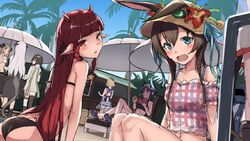  6+girls :d :q amiya_(arknights) animal animal_ears arknights ass back baseball_cap bikini bird black_bikini blonde_hair blue_eyes blunt_bangs blush boots breasts brown_hair ch&#039;en_(arknights) commentary cup doctor_(arknights) drinking drinking_glass feather_hair female_tourist_c_(arknights) flower food gummy_(arknights) gummy_(summer_flowers)_(arknights) hair_between_eyes hat horns ice_cream ifrit_(arknights) ifrit_(sunburn)_(arknights) long_hair multiple_girls navel official_alternate_costume open_mouth outdoors palm_tree parasol pointy_ears rabbit_ears rose ryuinu sailor_collar sandals saria_(arknights) see-through silence_(arknights) single_thighhigh sitting skirt smile straw_hat sweatdrop swimsuit tail thighhighs tongue tongue_out tree umbrella unfinished vigna_(arknights) vigna_(casual_vacation)_(arknights) 