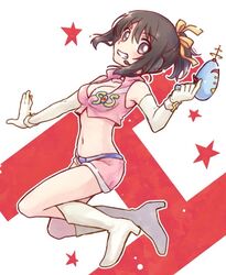  boots breasts brown_eyes brown_hair cleavage commentary_request crop_top elbow_gloves energy_gun female full_body gloves grin hair_ribbon hairband holding holding_weapon navel pink_shorts ponytail ray_gun ribbon shorts simple_background smile solo sos_galactic_patrol star_(symbol) suzumiya_haruhi suzumiya_haruhi_no_yuuutsu taiki_(6240taiki) teeth thigh_boots weapon white_background white_footwear white_gloves yellow_hairband 