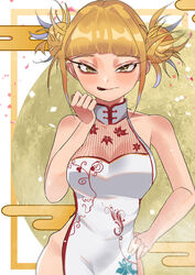  bare_shoulders blonde_hair boku_no_hero_academia breasts china_dress chinese_clothes collarbone double_bun dress female fishnets hair_bun hand_on_own_hip highres large_breasts licking_lips looking_at_viewer messy_hair photoshop_(medium) side_slit sleeveless sleeveless_dress solo toga_himiko tongue tongue_out white_dress yellow_eyes zd_(pixiv6210083) 