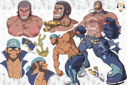  2boys abs anchor_symbol archie_(pokemon) artist_logo bandana bara beard belt blue_bandana blue_bodysuit blush bodysuit bulge closed_mouth detached_collar facepaint facial_hair gloves groin highres jewelry knee_pads large_pectorals male_focus male_pubic_hair matt_(pokemon) mature_male multiple_boys multiple_views muscular muscular_male navel necklace nipples obliques pectoral_cleavage pectorals poke_ball pokemon pokemon_(creature) pokemon_oras poses pubic_hair sharpedo shibadon_co short_hair sideburns simple_background smile stomach symbol tan thick_thighs thighs tight_clothes topless_male torn_clothes 