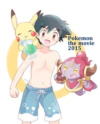  1boy :p blue_legwear brown_eyes doughnut drinking_straw drinking_straw_in_mouth eating food gen_1_pokemon gen_6_pokemon happy hoopa hoopa_(confined) looking_at_viewer male_focus male_swimwear mei_(maysroom) mythical_pokemon no_hat no_headwear on_shoulder pikachu pokemon pokemon_(anime) pokemon_(creature) pokemon_m18 pokemon_on_shoulder pokemon_xy_(anime) print_legwear satoshi_(pokemon) shirtless sweat swim_trunks swimwear tagme tongue tongue_out tropical_drink 