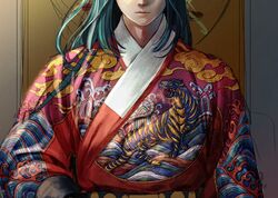  1boy blue_hair chinese_clothes embroidery head_out_of_frame long_hair long_sleeves luo_xiaohei_zhanji male_focus micho print_robe shadow solo tiger upper_body whorled_clouds wuxian_(the_legend_of_luoxiaohei) 