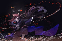  ahoge animal_ears arknights autumn_leaves black_background black_footwear black_hair black_kimono brown_eyes closed_mouth commentary dog_ears dog_girl female forehead full_body geta gradient_background highres hitokoto holding holding_weapon japanese_clothes kimono leaf long_hair long_sleeves looking_at_viewer maple_leaf naginata on_one_knee pants polearm puffy_pants purple_pants saga_(arknights) smile solo_focus splashing straight_hair symbol-only_commentary tabi very_long_hair water weapon 