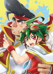  2boys black_hair blush dyed_bangs goggles goggles_on_head green_hair hachimaki hair_strand headband hiraku_(sugarspot_w_ms) huge_eyebrows jacket jacket_on_shoulders jewelry male_focus multicolored_hair multiple_boys noboru_gongenzaka orange_shirt pectorals pendant pompadour red_hair red_nose sakaki_yuya shirt short_hair sideburns two-tone_hair upper_body wide-eyed yaoi yu-gi-oh! yu-gi-oh!_arc-v 