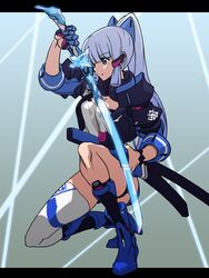  black_jacket blue_eyes blue_footwear blue_gloves blue_hair boots commentary_request company_connection cosplay crossover female full_body genshin_impact gloves highres holding holding_sword holding_weapon honkai_(series) honkai_impact_3rd imtmcomics jacket kamisato_ayaka katana long_hair mihoyo open_mouth ponytail shirt short_sleeves single_glove single_thighhigh solo sword thighhighs weapon white_shirt white_thighhighs yae_sakura yae_sakura_(goushinnso_memento) yae_sakura_(goushinnso_memento)_(cosplay) 