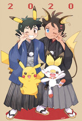  2020 2boys ;d arm_around_shoulder black_hair chinese_zodiac commentary_request cosplay creature dark_skin dark_skinned_male full_body gen_1_pokemon gen_2_pokemon gen_8_pokemon gou_(pokemon) grin hakama highres japanese_clothes jumping kimono looking_at_viewer mei_(maysroom) multiple_boys new_year ok_sign one_eye_closed open_mouth pichu pichu_(cosplay) pichu_ears pikachu pikachu_(cosplay) pikachu_ears pikachu_tail poke_ball_print pokemon pokemon_(anime) pokemon_(creature) pokemon_ears pokemon_swsh_(anime) pokemon_tail raichu raichu_(cosplay) sandals satoshi_(pokemon) scorbunny signature smile socks standing tail white_legwear year_of_the_rat 