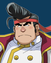  1boy black_hair blush buttons frown hachimaki hair_strand headband hitenmaru huge_eyebrows male_focus noboru_gongenzaka pompadour red_nose short_hair sideburns solo upper_body wind yu-gi-oh! yu-gi-oh!_arc-v 