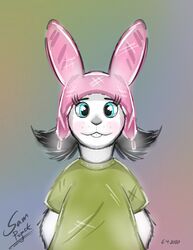  absurd_res adolescent anthro black_hair blue_eyes bob&#039;s_burgers clothed clothing female fur green_clothing green_shirt green_topwear grey_nose hair hat headgear headwear hi_res lagomorph leporid lolicon louise_belcher mammal rabbit shirt simple_background solo topwear white_body white_fur wolfalaska young 