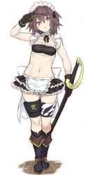  absurdres alternate_costume alternate_eye_color alternate_hair_color apron bikini bikini_top_only black_bikini black_footwear black_gloves boots breasts choker duplicate enmaided eyepatch eyepatch_pull female frilled_apron frilled_bikini frilled_choker frills full_body gloves head_tilt highres holding holding_weapon kantai_collection kiso_(kancolle) looking_at_viewer maid maid_apron maid_bikini maid_headdress miniskirt navel open_mouth pixel-perfect_duplicate pulling_own_clothes ryo_(tg290) scar scar_across_eye scar_on_face short_hair skirt small_breasts solo standing swimsuit sword thigh_gap thighs unconventional_maid waist_apron weapon white_apron 