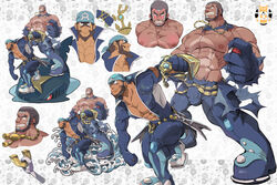  2boys abs anchor_symbol archie_(pokemon) artist_logo bandana bara belt blue_bandana blue_bodysuit blush bodysuit bulge closed_mouth detached_collar facepaint gloves highres jewelry knee_pads large_pectorals male_focus male_pubic_hair matt_(pokemon) mature_male multiple_boys multiple_views muscular muscular_male navel necklace nipples obliques pectoral_cleavage pectorals poke_ball pokemon pokemon_(creature) pokemon_oras poses pubic_hair sharpedo shibadon_co short_hair sideburns simple_background smile stomach symbol tan thick_thighs thighs tight_clothes topless_male torn_clothes waves 