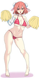  amisu bandaged_arm bandages barefoot bikini bra breasts cheerleader collarbone double_bun feet female full_body hair_bun highres holding holding_pom_poms ibaraki_kasen looking_at_viewer medium_hair midriff navel one-hour_drawing_challenge pink_hair pom_pom_(cheerleading) red_bra red_eyes solo swimsuit thighs touhou underwear 