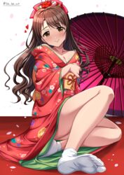  absurdres breasts closed_mouth feet female hair_ornament heart highres idolmaster idolmaster_cinderella_girls japanese_clothes kimono long_hair looking_at_viewer obi red_kimono sash shimamura_uzuki sitting smile socks soles solo tabi takatsuki_p umbrella white_socks yukata 