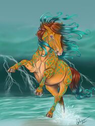  2022 3:4 ambiguous_gender blue_eyes calima calima_(character) celtic_mythology dappled_fur digital_media_(artwork) electricity equid equine european_mythology feral hair hi_res hooves kelpie lightning looking_at_viewer mammal mane multicolored_hair mythological_creature mythological_equine mythology on_hind_legs solo two_tone_hair two_tone_tail water 