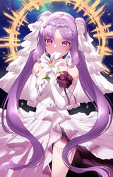  alternate_costume bare_shoulders breasts commentary_request dress earrings elbow_gloves euryale_(fate) fanbox_reward fate/grand_order fate/hollow_ataraxia fate_(series) female fingers_together flower glint gloves hair_ribbon highres jewelry lily_(flower) long_hair looking_at_viewer m-da_s-tarou own_hands_clasped own_hands_together paid_reward petite purple_eyes purple_hair ribbon side_slit slit_pupils small_breasts smile solo thighlet tiara twintails very_long_hair white_dress white_gloves 