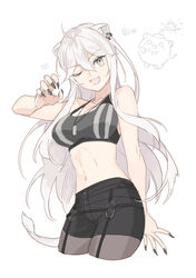  :3 animal_ears arm_at_side bare_shoulders black_nails black_shorts breasts brown_pantyhose claw_pose cropped_legs dog_tags ear_piercing female fingernails grey_eyes grey_hair highres hololive lion_ears lion_girl lion_tail long_hair looking_at_viewer medium_breasts midriff navel official_alternate_costume official_alternate_hairstyle one-piece_swimsuit open_mouth otama_(atama_ohanabatake) pantyhose piercing poi sharp_fingernails shishiro_botan shishiro_botan_(button-down) shorts simple_background solo sports_bra ssrb_(shishiro_botan) striped_sports_bra swimsuit tail vertical-striped_sports_bra virtual_youtuber white_background 