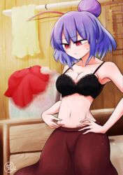  absurdres black_bra blue_hair blush bra breasts brown_skirt commentary_request commission female highres long_skirt medium_breasts pixiv_commission red_eyes red_shirt scavia10 shirt short_hair skirt solo sweatdrop touhou underwear unworn_shirt yasaka_kanako 