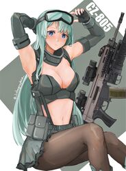  absurdres ammunition_pouch aqua_hair arm_guards arms_up assault_rifle belt belt_pouch black_gloves black_pantyhose blue_eyes breasts buckle character_name cleavage closed_mouth commentary cz-805_(girls&#039;_frontline) cz_805_bren feet_out_of_frame female fingerless_gloves flip-up_sight girls&#039;_frontline gloves goggles goggles_on_head grenade_launcher grey_background grey_belt grey_footwear gun hand_on_own_head highres impact_(font) large_breasts lithographica long_hair navel neck_warmer optical_sight pantyhose pleated_skirt pouch rifle simple_background sitting skirt snap-fit_buckle solo stomach thigh_pouch twitter_username two-tone_background underbarrel_grenade_launcher weapon weapon_name white_background 