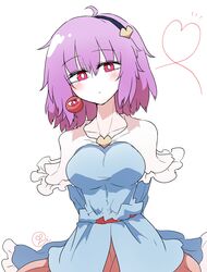  :o absurdres blouse blue_shirt blush breasts eyeball female frilled_shirt_collar frills hairband heart heart_of_string highres komeiji_satori large_breasts looking_at_viewer medium_hair pink_skirt purple_eyes purple_hair scavia10 shirt sidelocks simple_background skirt solo third_eye touhou white_background wide_sleeves 