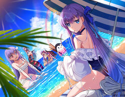  4girls alternate_height bandages bb_(fate) bb_(swimsuit_mooncancer)_(fate) bb_(swimsuit_mooncancer)_(third_ascension)_(fate) beach blue_bow blue_eyes blue_sky bow breasts claws closed_eyes cloud commentary_request cup day drinking_glass drinking_straw dutch_angle fate/grand_order fate_(series) frilled_one-piece_swimsuit frills giant hair_ribbon hairbow heterochromia holding holding_cup ice ice_cube kingprotea_(fate) large_breasts long_hair looking_at_viewer looking_back maydream medium_breasts meltryllis_(fate) meltryllis_(swimsuit_lancer)_(fate) meltryllis_(swimsuit_lancer)_(second_ascension)_(fate) mouth_hold multiple_girls naked_bandage ocean one-piece_swimsuit open_mouth outdoors parasol partially_submerged passionlip_(fate) pink_ribbon purple_eyes purple_hair rainbow red_eyes red_ribbon revision ribbon sand sarashi sharp_teeth sky smile standing straight_hair swimsuit teeth tentacle umbrella very_long_hair wading water water_drop wet white_bow wine_glass 