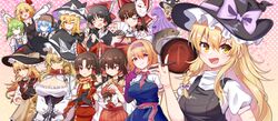  &gt;_&lt; 1boy 6+girls \m/ absurdres ak-47 alice_margatroid ascot assault_rifle black_gloves black_headwear black_skirt black_vest blazer blonde_hair blue_bow blue_dress blue_hair blue_vest bois_de_justice bow braid breasts brown_hair brown_headwear buttons capelet chinese_commentary cigarette cirno cirno_(cookie) cleavage cleavage_cutout closed_mouth clothing_cutout collared_shirt commentary_request cookie_(touhou) cowboy_shot daiyousei detached_sleeves dies_irae diyusi_(cookie) dress fish flat_chest folding_fan food fox_mask frilled_bow frilled_hair_tubes frilled_hairband frilled_hat frilled_necktie frilled_sash frilled_shirt_collar frills frown fruit gloves green_eyes green_hair grin gun hair_ribbon hair_tubes hairband hairbow hakama hakama_skirt hakurei_reimu hand_fan hat hat_bow hat_ornament hazuna_rio headset highres hinase_(cookie) holding holding_fan holding_gun holding_microphone holding_pen holding_wand holding_weapon inabahitomi jacket japanese_clothes kalashnikov_rifle kirisame_marisa large_breasts long_bangs long_hair looking_at_viewer mandarin_orange mars_(cookie) mask mask_on_head medium_bangs messy_hair microphone mini_person minigirl multiple_girls nadeko_(cookie) neck_ribbon necktie one_eye_closed open_mouth orange_(fruit) orange_scarf outstretched_arms parted_bangs partial_commentary patchouli_knowledge pen pink_background pink_bow pink_hairband pink_necktie pink_sash polka_dot polka_dot_background ponytail puffy_short_sleeves puffy_sleeves purple_hair red_ascot red_bow red_dress red_eyes red_hakama red_ribbon red_scarf red_shirt red_skirt red_star rei_(cookie) ribbon ribbon-trimmed_sleeves ribbon_trim rifle rumia sakenomi_(cookie) sananana_(cookie) sash scarf shinza_bansho_series shirt short_hair short_sleeves sidelocks single_braid skirt skirt_set sleeveless sleeveless_dress sleeveless_shirt small_breasts smile smoking spread_arms star_(symbol) star_hat_ornament striped_clothes striped_scarf sweatdrop taisa_(cookie) touhou triangle_mouth turtleneck upper_body uzuki_(cookie) v v-shaped_eyebrows vest wand weapon white_bow white_capelet white_eyes white_shirt white_sleeves wide_sleeves witch_hat yellow_ascot yellow_bow yellow_eyes yellow_scarf yin_yang 