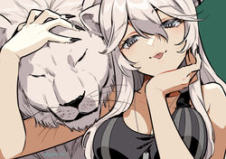  animal_ears bare_shoulders black_nails breasts cleavage closed_mouth dog_tags female fingernails green_background grey_eyes grey_hair hair_between_eyes half-closed_eyes hololive large_breasts lion lion_ears long_hair looking_at_viewer official_alternate_costume official_alternate_hairstyle otama_(atama_ohanabatake) sharp_fingernails shishiro_botan shishiro_botan_(button-down) simple_background solo sports_bra striped striped_sports_bra tongue tongue_out twitter_username upper_body vertical-striped_sports_bra virtual_youtuber 