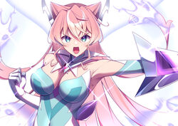  armpits bare_shoulders blue_bodysuit blue_eyes blue_gloves bodysuit breasts cleavage detached_collar elbow_gloves female gloves hair_between_eyes headgear highres long_hair maria_cadenzavna_eve mate_(oktavia1121) medium_breasts open_mouth pink_hair senki_zesshou_symphogear solo white_gloves x-drive_(symphogear) 