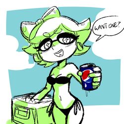  1girls belly_button bikini blush drawfag earrings eyelashes female marie_(splatoon) midriff mole mole_under_eye nintendo offering offering_to_viewer pepsi pointy_ears sharp_teeth short_hair smile soda soda_can splatoon tentacle_hair tied_hair white_hair 