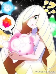  ? ?? bare_arms bare_shoulders blonde_hair blush commentary dragonith dress female green_eyes hair_over_one_eye highres holding holding_pokemon long_hair lusamine_(pokemon) mario_(series) minior minior_(blue_core) minior_(core) minior_(green_core) minior_(red_core) minior_(yellow_core) multicolored_clothes multicolored_dress multicolored_hair nail_polish pokemon pokemon_(creature) pokemon_sm short_dress sleeveless sleeveless_dress super_mario_galaxy two-tone_hair very_long_hair watermark web_address yellow_nails 