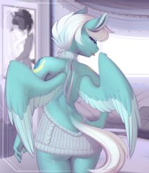  2018 5_fingers anthro anthrofied ass bed bedroom bedroom_eyes blep butt_pose clothed clothing digital_media_(artwork) equid equine evehly eyelashes feathered_wings feathers female fingers fleetfoot_(mlp) fluttershy_(mlp) friendship_is_magic furniture green_body green_feathers hair half-closed_eyes hasbro hi_res inside king_sombra_(mlp) looking_back mammal meme meme_clothing my_little_pony mythological_creature mythological_equine mythology narrowed_eyes pegasus picture_frame pillow portrait pose purple_eyes rear_view seductive short_hair smile solo standing sweater three-quarter_portrait tongue tongue_out topwear virgin_killer_sweater white_hair wings wonderbolts_(mlp) 