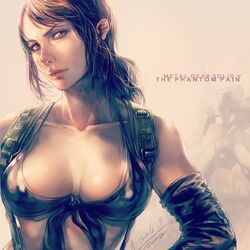  breasts brown_hair cleavage collarbone commentary_request copyright_name covered_nipples dated elbow_gloves eyelashes female front-tie_top gloves highres jay_b_lee large_breasts lips looking_at_viewer mecha metal_gear_(robot) metal_gear_(series) metal_gear_sahelanthropus metal_gear_solid_v:_the_phantom_pain military military_vehicle non-humanoid_robot quiet_(metal_gear) robot science_fiction signature solo upper_body 