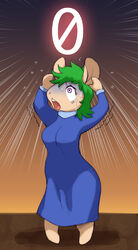  anthro bodily_fluids clothed clothing cricetid crying dress female fur green_hair hair hand_on_head hi_res imminent_death lemming lemmings mammal melonleaf number open_mouth purple_eyes rodent scared shaking solo sweat tan_body tan_fur tears 