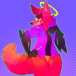  anthro azureshark bottomless canid canine clothed clothing digital_media_(artwork) fox fur halo hi_res jacket male mammal pyrocynical red_body red_fur simple_background smile solo teeth thick_thighs tongue topwear wide_hipped_male wide_hips yellow_sclera youtuber 