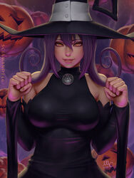  2018 artist_name bare_shoulders black_dress black_hat blair_(soul_eater) breasts brown_eyes clenched_hands commentary detached_sleeves dress english_commentary female fingernails flipped_hair hair_between_eyes hands_up hat highres jack-o&#039;-lantern large_breasts lips looking_at_viewer medium_hair nose parted_lips photoshop_(medium) pumpkin purple_hair sciamano240 sidelocks signature sleeveless sleeveless_dress smile solo soul_eater taut_clothes taut_dress turtleneck upper_body witch witch_hat 