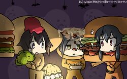  3girls ^^^ alternate_costume bat_(animal) black_hair broccoli brown_eyes burger burger_costume commentary_request dated food ghost green_eyes hair_ornament hairclip halloween hamu_koutarou hayasui_(kancolle) highres holding holding_food jitome kantai_collection kuroshio_(kancolle) multiple_girls omelet omelet_costume omurice short_hair sidelocks sweat takoyaki takoyaki_costume yahagi_(kancolle) 