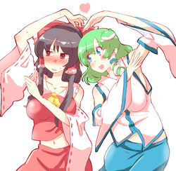  2girls bad_id bad_pixiv_id black_hair blue_eyes blush bow brown_eyes collarbone commentary_request detached_sleeves frog_hair_ornament green_hair hair_ornament hair_tubes hairbow hakurei_reimu heart heart_arms heart_arms_duo kochiya_sanae looking_at_another looking_away midriff multiple_girls non_(z-art) open_mouth red_ribbon ribbon ribbon-trimmed_sleeves ribbon_trim snake_hair_ornament touhou upper_body white_background wide_sleeves 