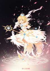  :d ahoge artist_name blonde_hair breasts card cardcaptor_sakura cherry_blossoms clear_card commentary_request crown dodecagram dress feathers female from_side glint gloves green_eyes highres holding jokanhiyou kinomoto_sakura looking_at_viewer open_mouth petals short_hair small_breasts smile solo standing standing_on_one_leg wand white_dress white_gloves yume_no_tsue 