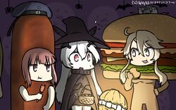  3girls abyssal_ship anchorage_princess bat_(animal) blonde_hair blue_eyes brown_eyes burger burger_costume cape colored_skin commentary_request dated eating food ghost halloween halloween_costume hamu_koutarou hat headgear highres iowa_(kancolle) kantai_collection multiple_girls open_mouth sailor_hat sausage short_hair sidelocks star-shaped_pupils star_(symbol) symbol-shaped_pupils white_skin witch witch_hat z3_max_schultz_(kancolle) 