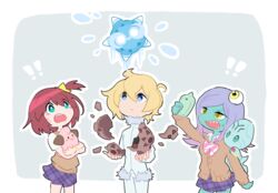  ! !! 1boy 2girls alpha_omega_nova animal animal_on_shoulder blonde_hair blue_eyes bow brown_hair cardigan carrying cellphone cleffa colored_skin commentary_request crossover elgyem eyeball fur_trim gradient_hair green_skin hair_ornament janomegasa luluco midori_(uchuu_patrol_luluco) minior minior_(blue_core) minior_(core) multicolored_hair multiple_girls one_side_up phone plaid plaid_skirt pokemon pokemon_(creature) purple_hair school_uniform sharp_teeth skirt smartphone star_(symbol) star_hair_ornament surprised sweat taking_picture teeth uchuu_patrol_luluco yellow_eyes 