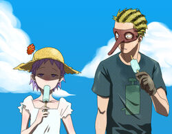  1boy bad_id bad_pixiv_id dorohedoro ebisu_(dorohedoro) female flower food fujita_(dorohedoro) gloves hat mask popsicle purple_eyes purple_hair short_hair straw_hat sweat umesge 