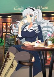  ahoge big_hair black_thighhighs blunt_bangs boots breasts brick_wall cafe cake cake_slice chalkboard cross-laced_footwear crossed_legs cup drill_hair drink female flower food frilled_thighhighs frills ginrei_(senran_kagura) green_eyes grey_hair hairband highres kiritsusei_juuji_academy_uniform large_breasts menu_board official_art outdoors plate running_bond senran_kagura senran_kagura_new_wave sitting sleeve_cuffs smile solo steam table teacup thighhighs translation_request vase window yaegashi_nan 