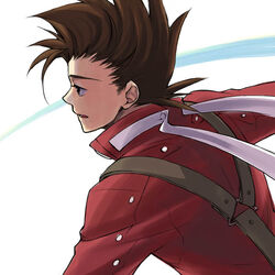  1boy black_eyes brown_hair commentary_request iwatsuki lloyd_irving male_focus open_mouth photoshop_(medium) profile red_shirt shirt simple_background solo suspenders tales_of_(series) tales_of_symphonia white_background 