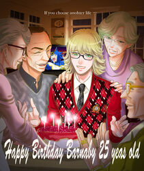  2girls 3boys albert_maverick alternate_universe barnaby_brooks_jr. barnaby_brooks_sr birthday birthday_cake blonde_hair brown_hair cake candle commentary_request emily_brooks family food glasses green_eyes grey_hair multiple_boys multiple_girls samantha_taylor superhero_costume suzan2nd sweater_vest tiger_&amp;_bunny typo wild_tiger 